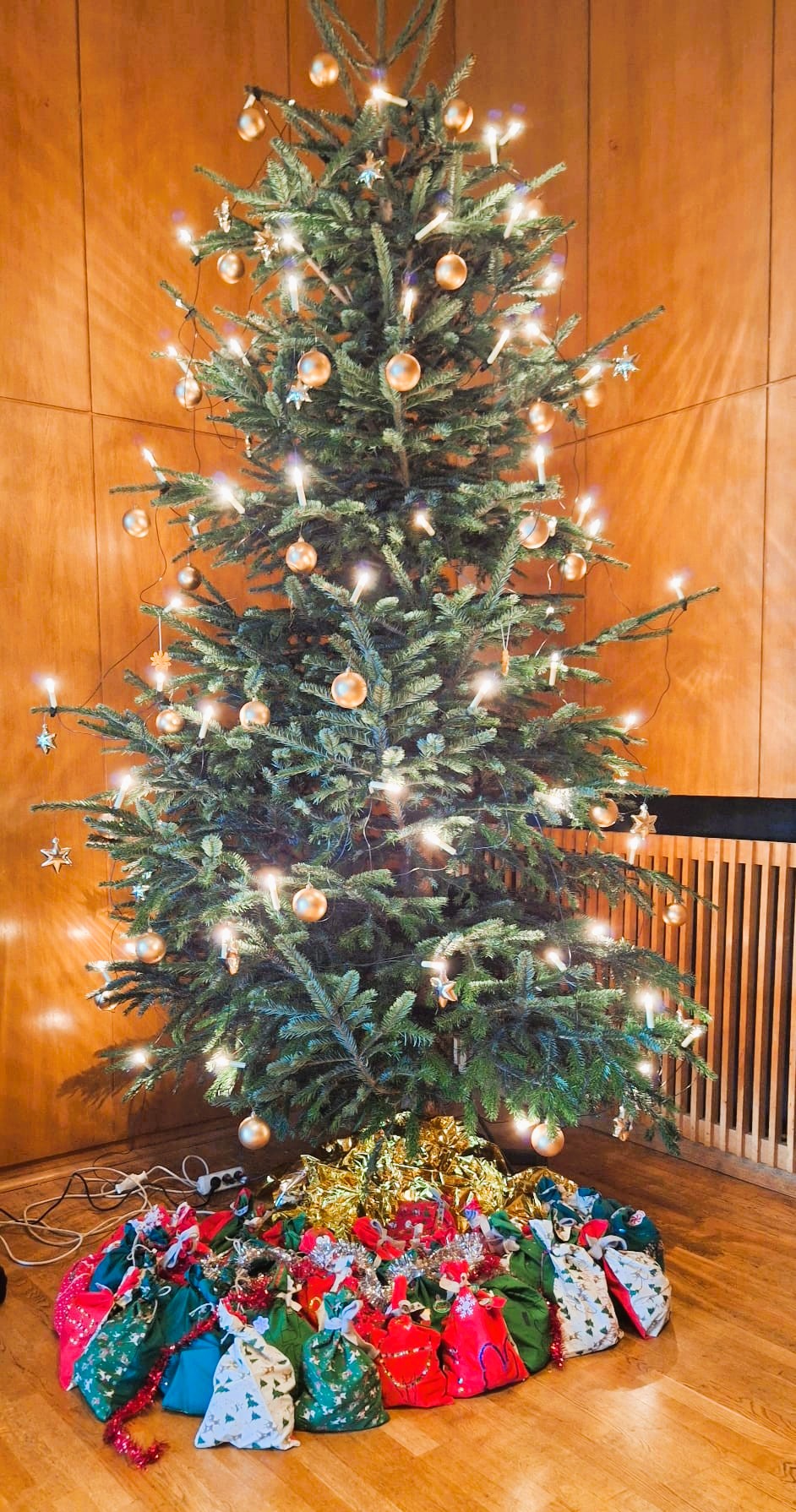 Weihnachtsbaum mit darunterliegenden Geschenken im Bürgerhaus